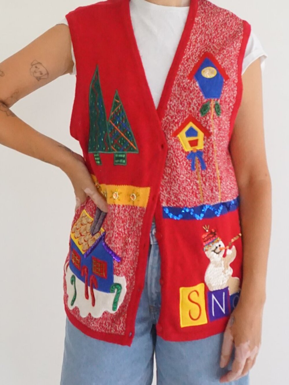 Vintage S Way Red Snowman Birdhouse Tree Ugly Christmas Holiday Sweater Vest XL